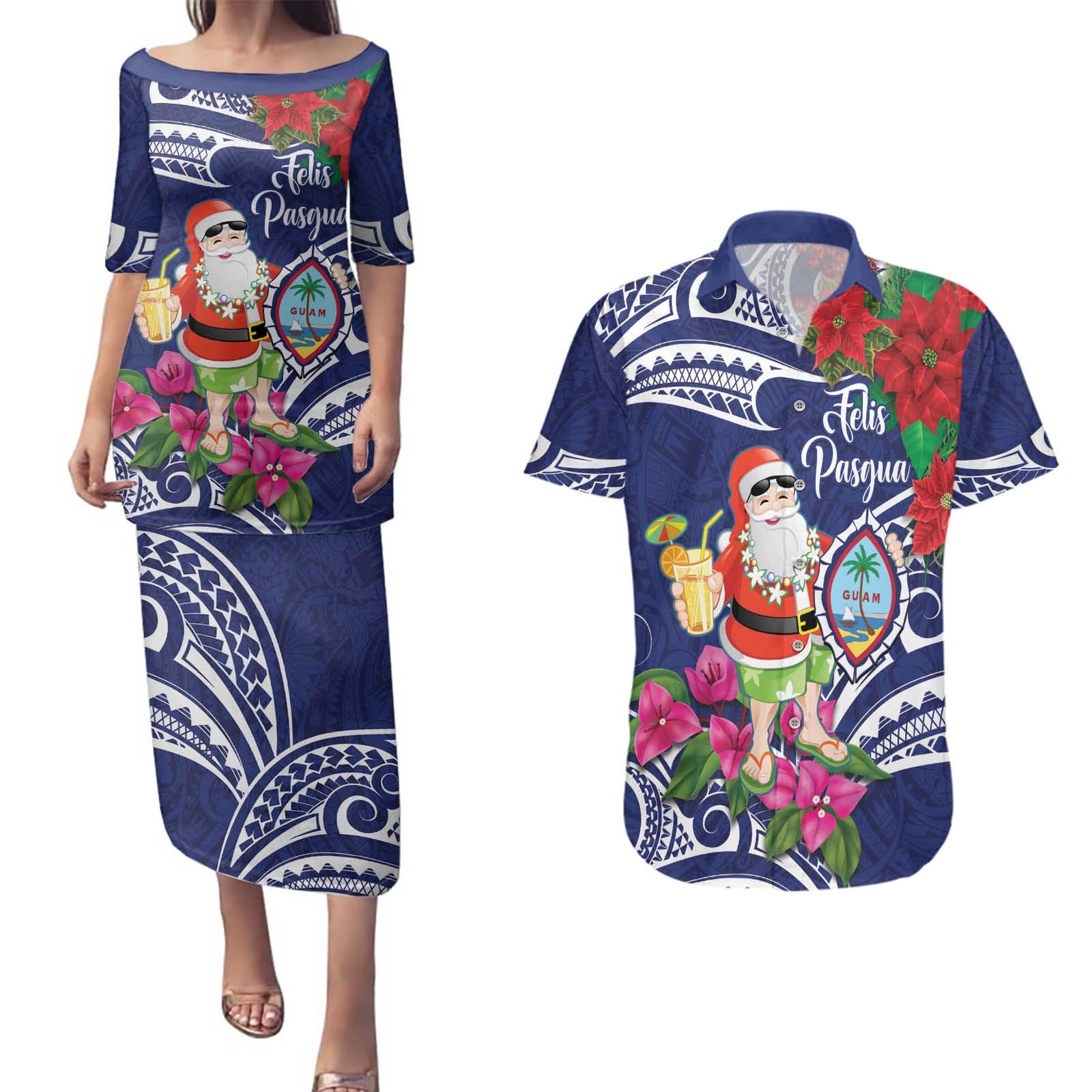 Guam Christmas Couples Matching Puletasi and Hawaiian Shirt Poinsettia With Bougainvillea - Felis Pasgua! LT14 Blue - Polynesian Pride