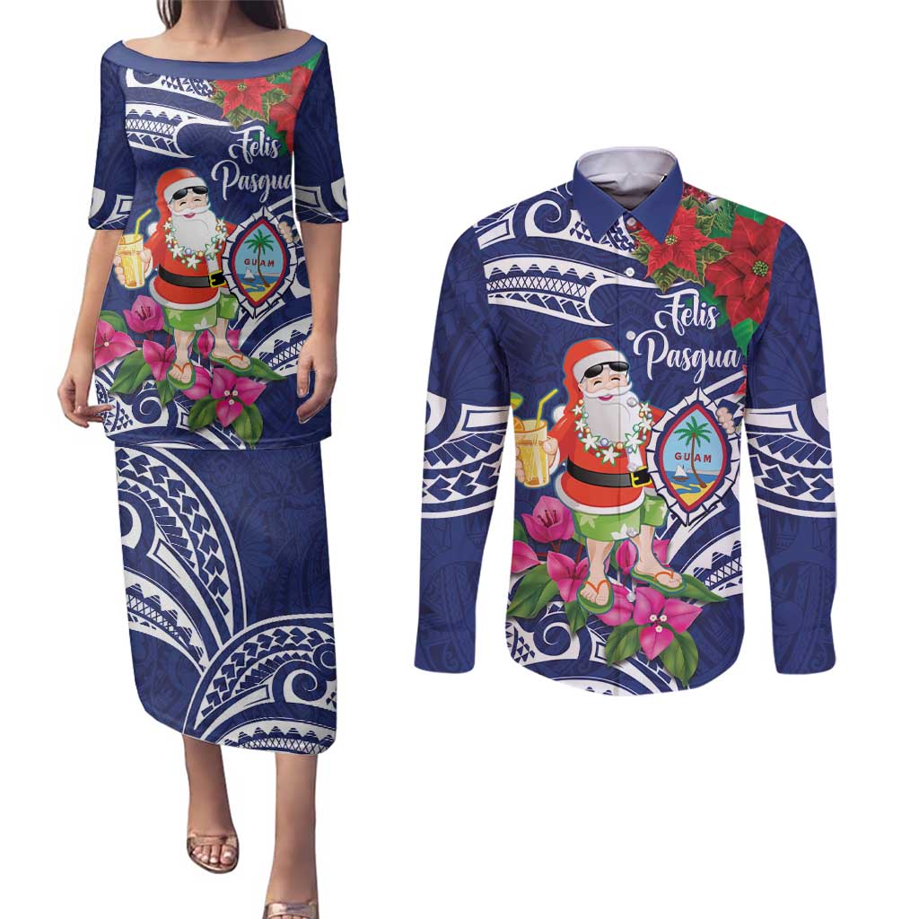 Guam Christmas Couples Matching Puletasi and Long Sleeve Button Shirt Poinsettia With Bougainvillea - Felis Pasgua! LT14 Blue - Polynesian Pride