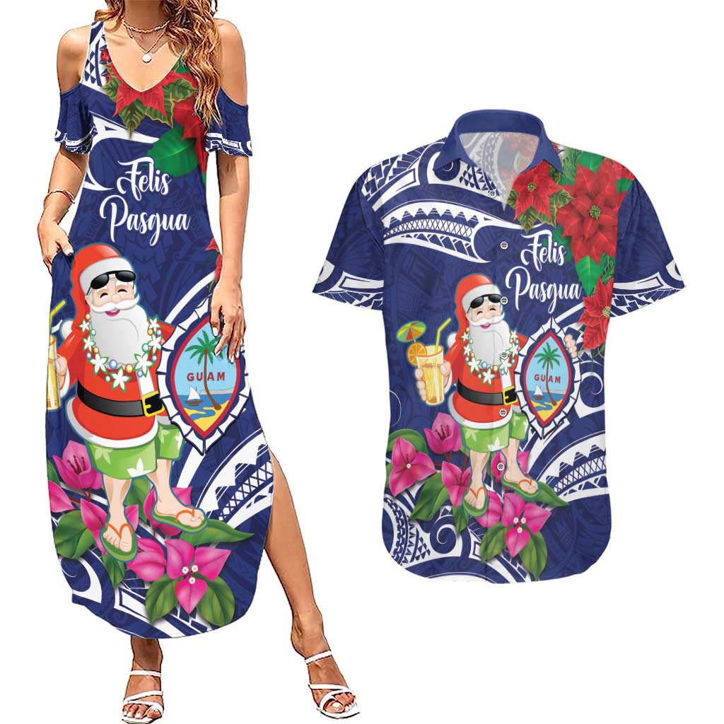 Guam Christmas Couples Matching Summer Maxi Dress and Hawaiian Shirt Poinsettia With Bougainvillea - Felis Pasgua! LT14 Blue - Polynesian Pride