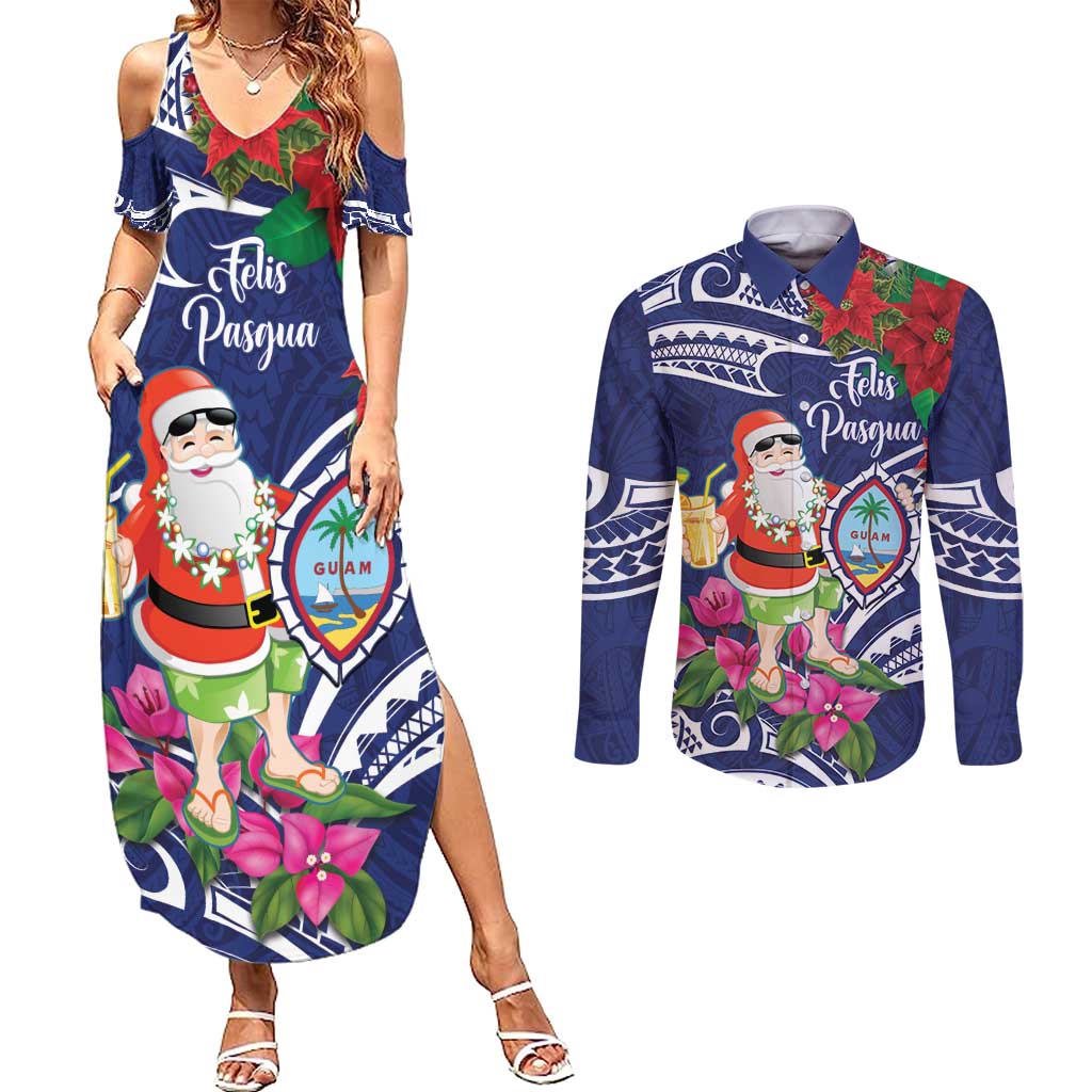 Guam Christmas Couples Matching Summer Maxi Dress and Long Sleeve Button Shirt Poinsettia With Bougainvillea - Felis Pasgua! LT14 Blue - Polynesian Pride