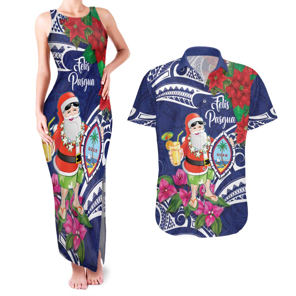 Guam Christmas Couples Matching Tank Maxi Dress and Hawaiian Shirt Poinsettia With Bougainvillea - Felis Pasgua! LT14 Blue - Polynesian Pride