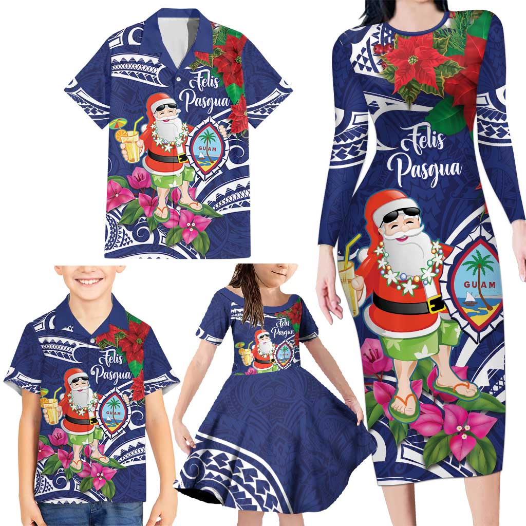 Guam Christmas Family Matching Long Sleeve Bodycon Dress and Hawaiian Shirt Poinsettia With Bougainvillea - Felis Pasgua!