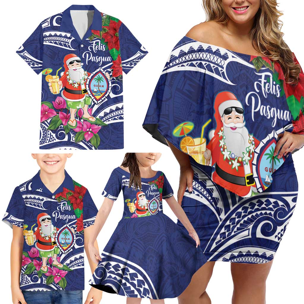 Guam Christmas Family Matching Off Shoulder Short Dress and Hawaiian Shirt Poinsettia With Bougainvillea - Felis Pasgua!