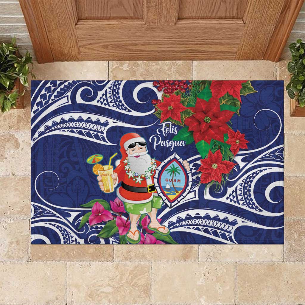 Guam Christmas Rubber Doormat Poinsettia With Bougainvillea - Felis Pasgua! LT14 Blue - Polynesian Pride