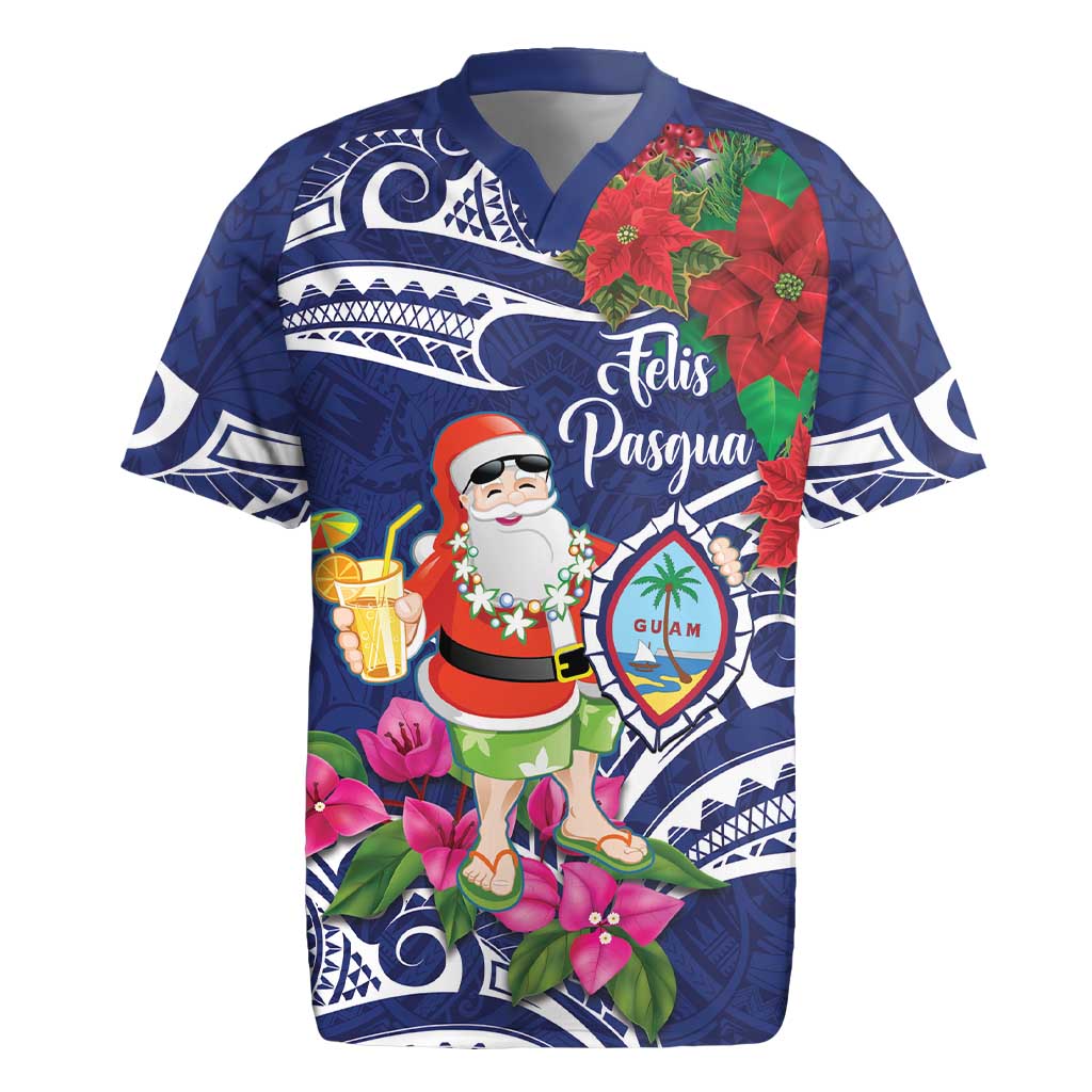 Guam Christmas Rugby Jersey Poinsettia With Bougainvillea - Felis Pasgua! LT14 Blue - Polynesian Pride