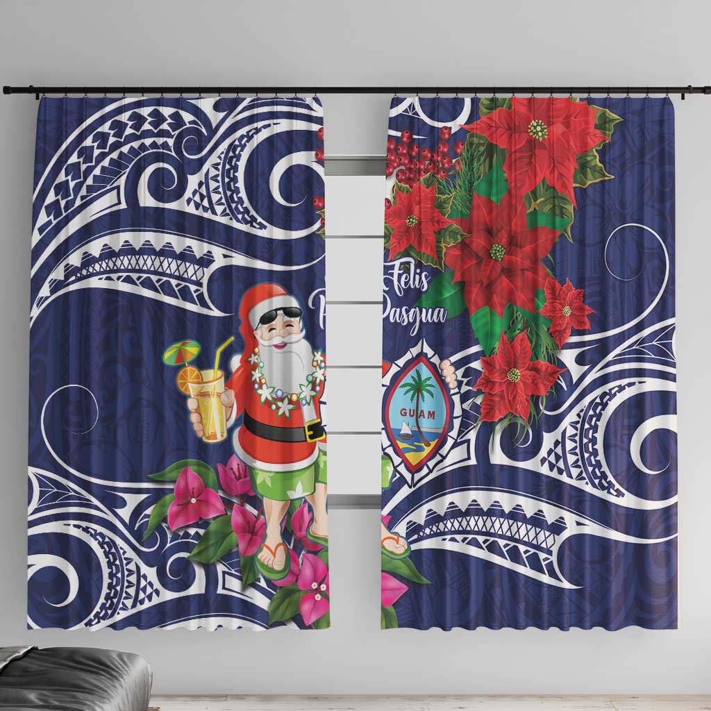 Guam Christmas Window Curtain Poinsettia With Bougainvillea - Felis Pasgua! LT14 With Hooks Blue - Polynesian Pride