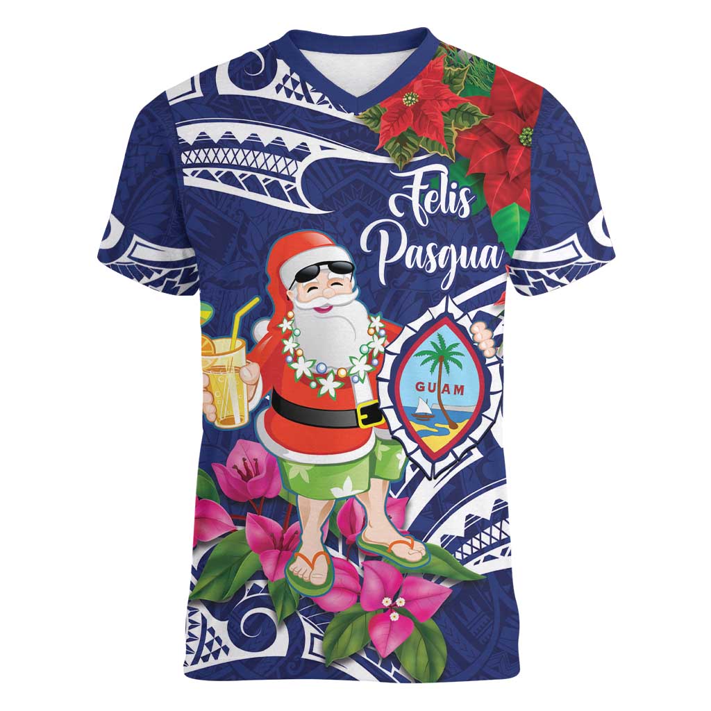 Guam Christmas Women V-Neck T-Shirt Poinsettia With Bougainvillea - Felis Pasgua!