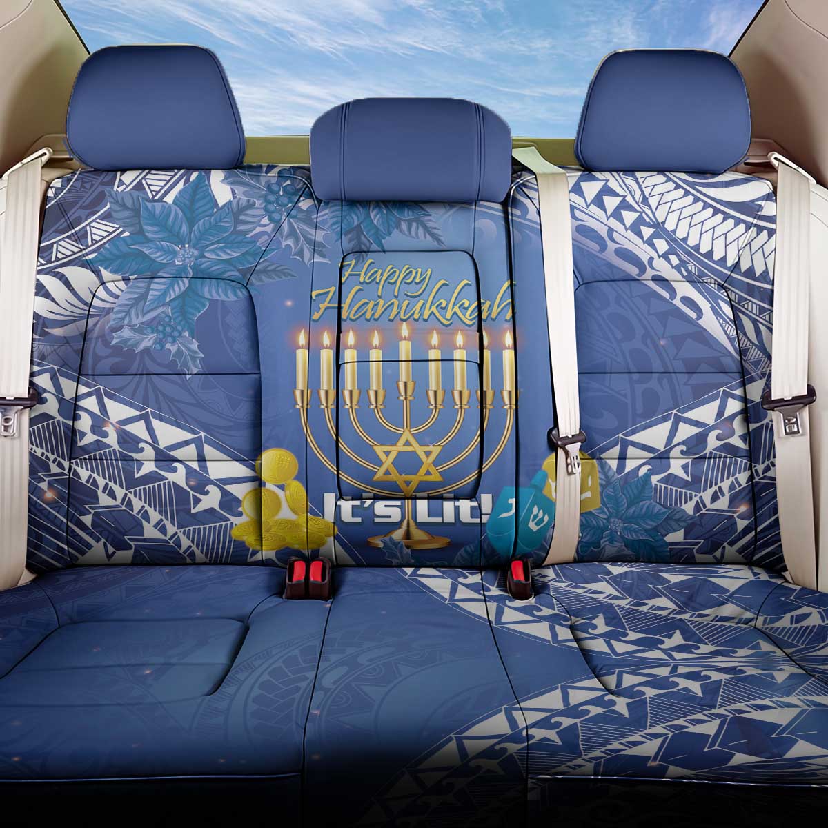 Hanukkah Jewish Festival Back Car Seat Cover It's Lit - Polynesian Pattern