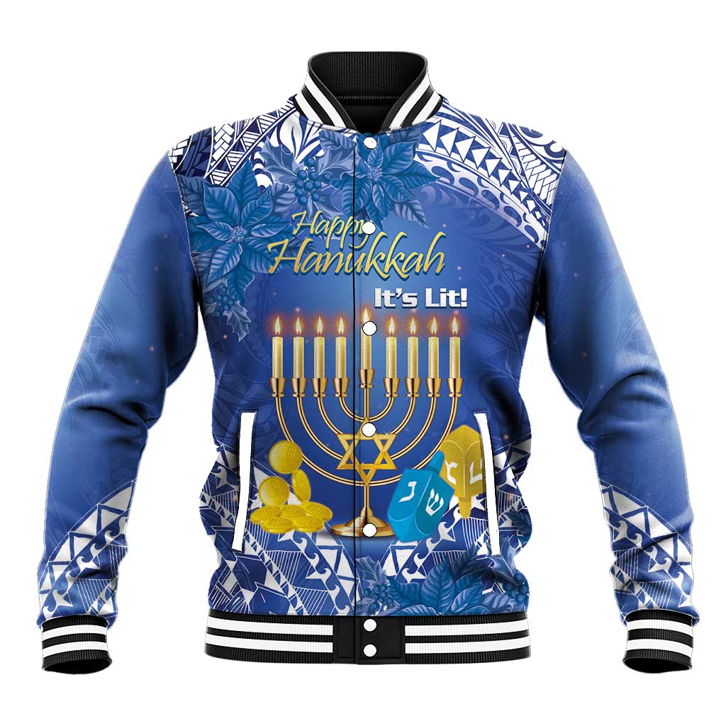 Personalised Hanukkah Jewish Festival Baseball Jacket It's Lit - Polynesian Pattern LT14 Unisex Blue - Polynesian Pride