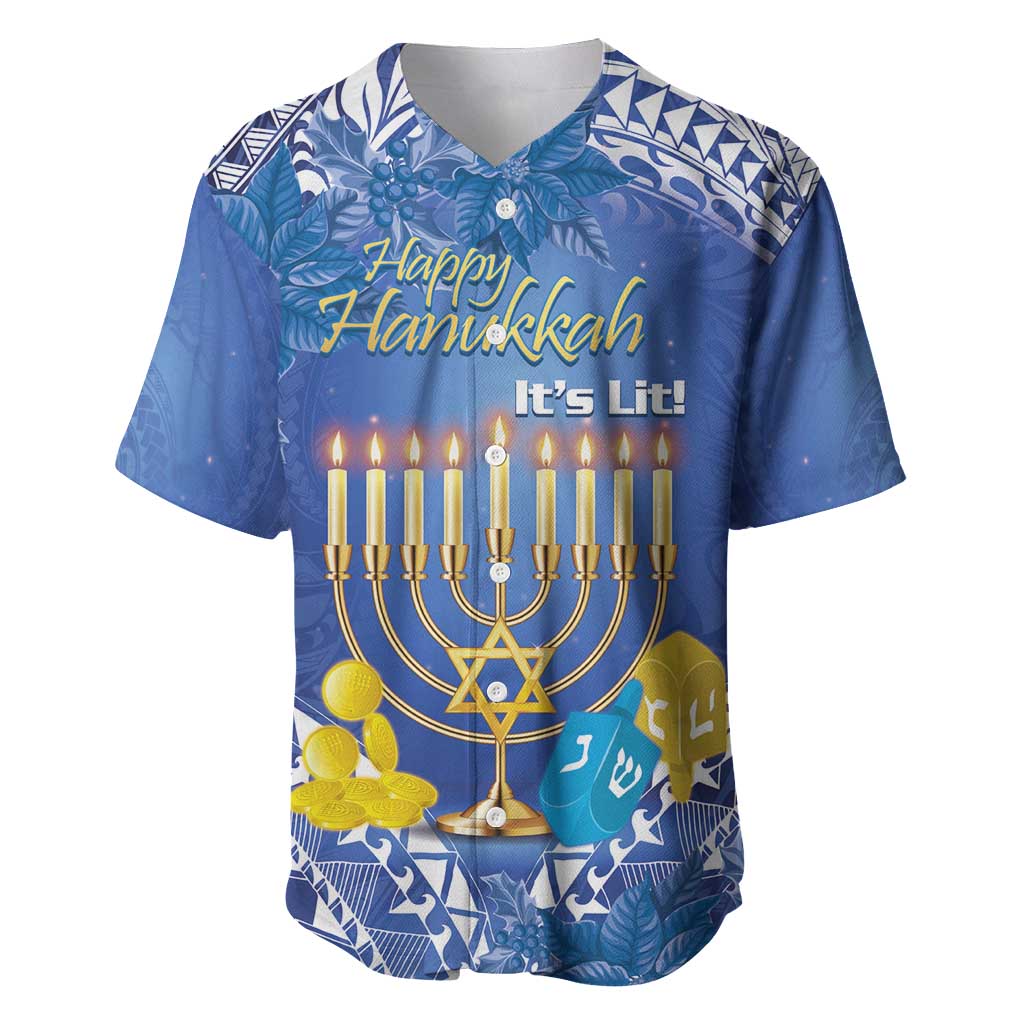 Personalised Hanukkah Jewish Festival Baseball Jersey It's Lit - Polynesian Pattern