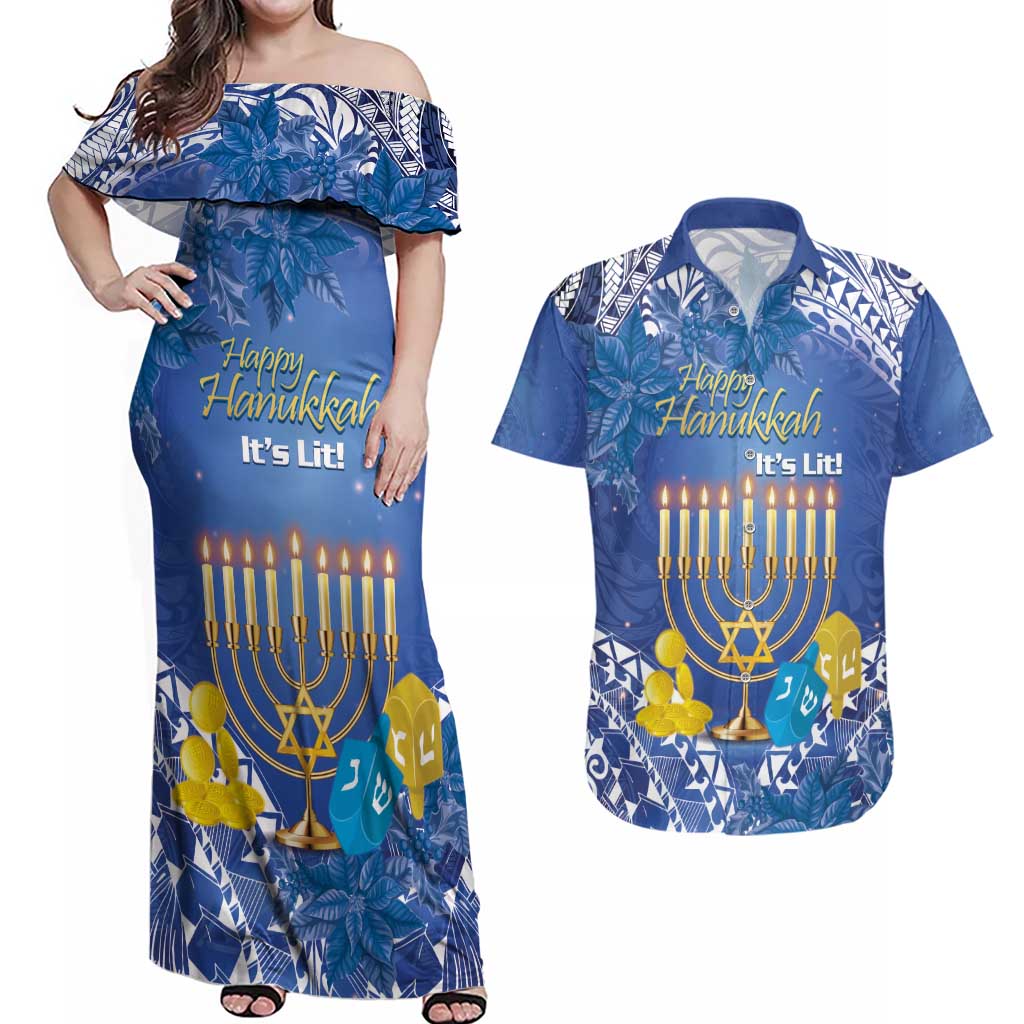 Personalised Hanukkah Jewish Festival Couples Matching Off Shoulder Maxi Dress and Hawaiian Shirt It's Lit - Polynesian Pattern