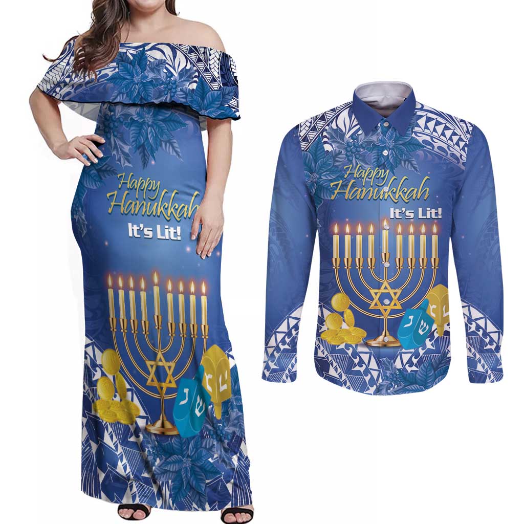 Personalised Hanukkah Jewish Festival Couples Matching Off Shoulder Maxi Dress and Long Sleeve Button Shirt It's Lit - Polynesian Pattern LT14 Blue - Polynesian Pride