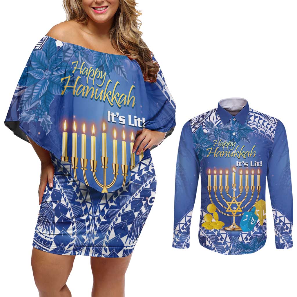 Personalised Hanukkah Jewish Festival Couples Matching Off Shoulder Short Dress and Long Sleeve Button Shirt It's Lit - Polynesian Pattern LT14 Blue - Polynesian Pride