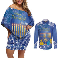 Personalised Hanukkah Jewish Festival Couples Matching Off Shoulder Short Dress and Long Sleeve Button Shirt It's Lit - Polynesian Pattern LT14 Blue - Polynesian Pride