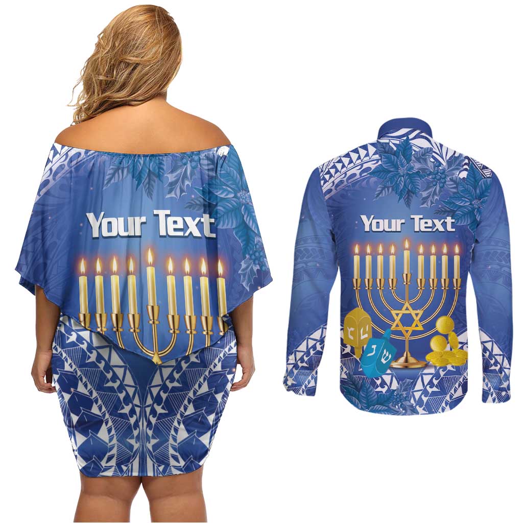 Personalised Hanukkah Jewish Festival Couples Matching Off Shoulder Short Dress and Long Sleeve Button Shirt It's Lit - Polynesian Pattern LT14 - Polynesian Pride