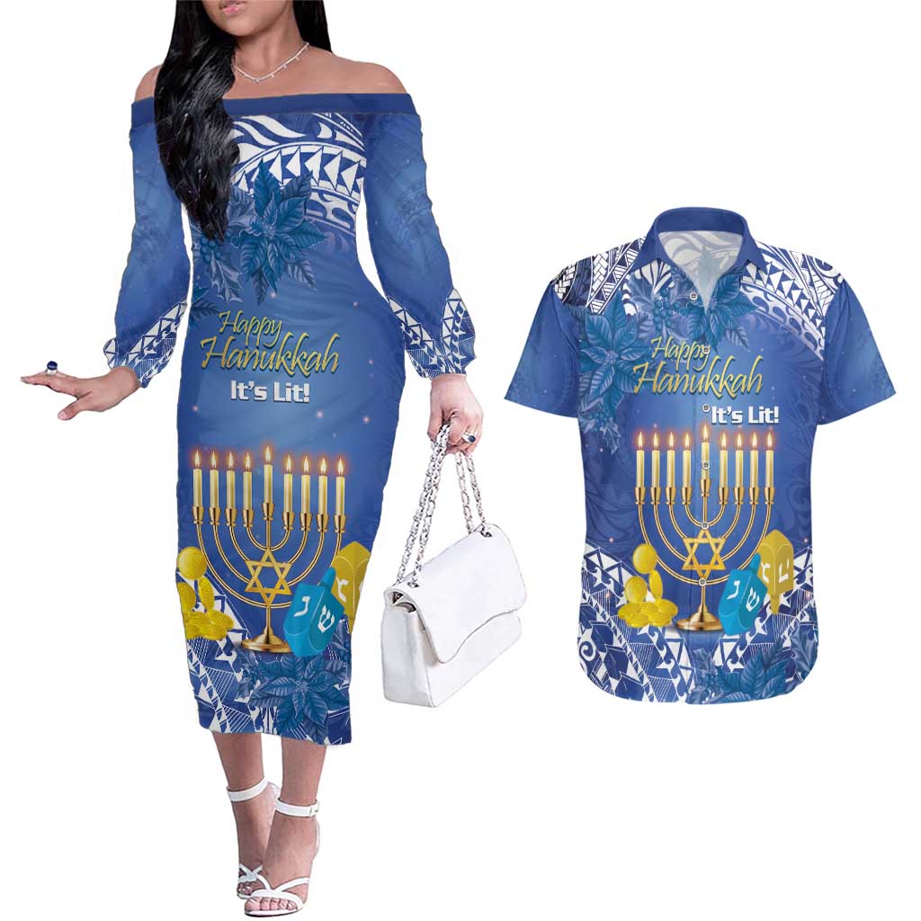 Personalised Hanukkah Jewish Festival Couples Matching Off The Shoulder Long Sleeve Dress and Hawaiian Shirt It's Lit - Polynesian Pattern