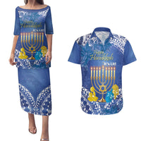 Personalised Hanukkah Jewish Festival Couples Matching Puletasi and Hawaiian Shirt It's Lit - Polynesian Pattern LT14 Blue - Polynesian Pride