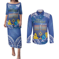 Personalised Hanukkah Jewish Festival Couples Matching Puletasi and Long Sleeve Button Shirt It's Lit - Polynesian Pattern LT14 Blue - Polynesian Pride