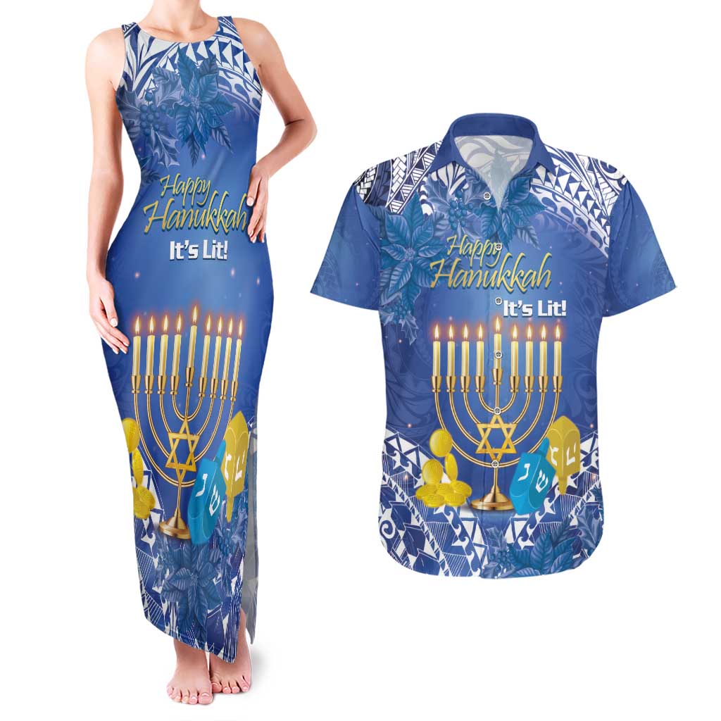 Personalised Hanukkah Jewish Festival Couples Matching Tank Maxi Dress and Hawaiian Shirt It's Lit - Polynesian Pattern LT14 Blue - Polynesian Pride