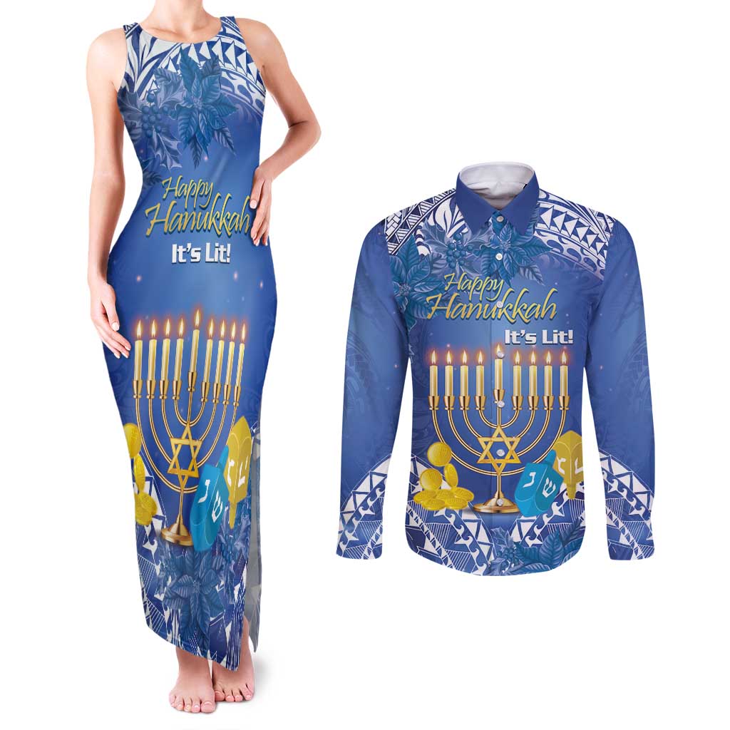 Personalised Hanukkah Jewish Festival Couples Matching Tank Maxi Dress and Long Sleeve Button Shirt It's Lit - Polynesian Pattern LT14 Blue - Polynesian Pride