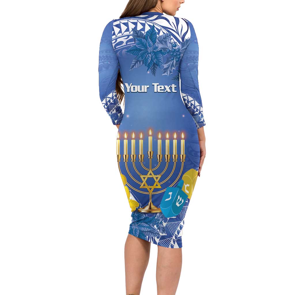 Personalised Hanukkah Jewish Festival Family Matching Long Sleeve Bodycon Dress and Hawaiian Shirt It's Lit - Polynesian Pattern