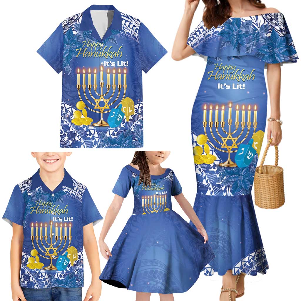 Personalised Hanukkah Jewish Festival Family Matching Mermaid Dress and Hawaiian Shirt It's Lit - Polynesian Pattern