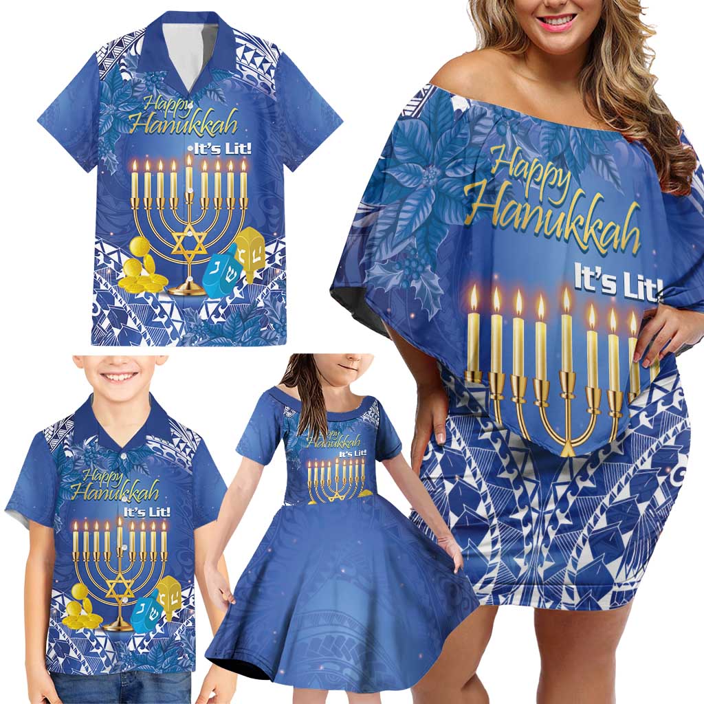 Personalised Hanukkah Jewish Festival Family Matching Off Shoulder Short Dress and Hawaiian Shirt It's Lit - Polynesian Pattern