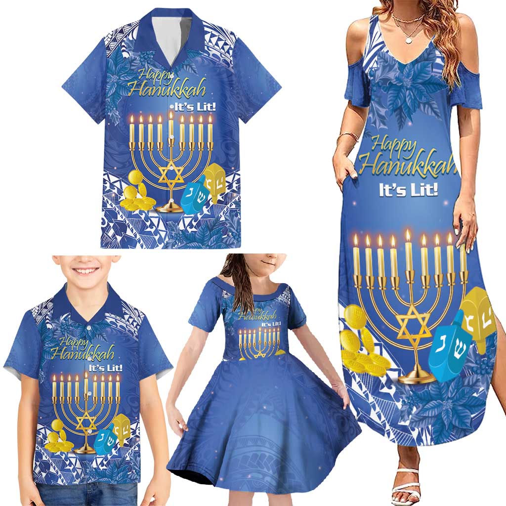 Personalised Hanukkah Jewish Festival Family Matching Summer Maxi Dress and Hawaiian Shirt It's Lit - Polynesian Pattern