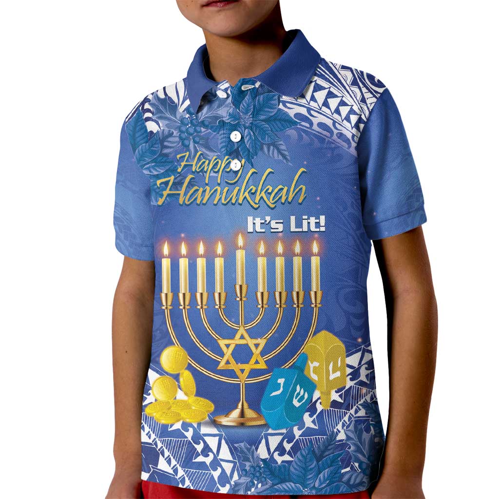 Personalised Hanukkah Jewish Festival Kid Polo Shirt It's Lit - Polynesian Pattern