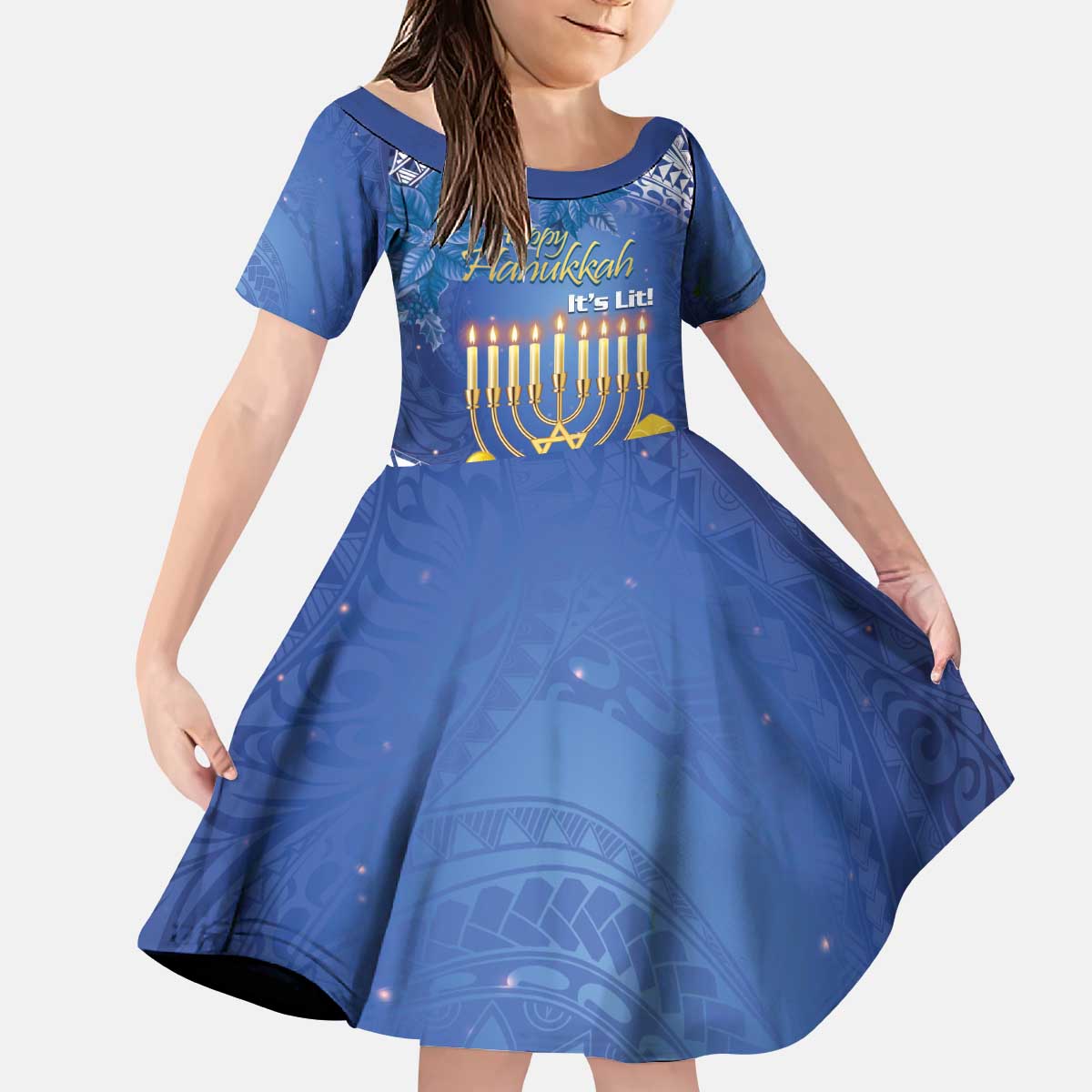 Personalised Hanukkah Jewish Festival Kid Short Sleeve Dress It's Lit - Polynesian Pattern