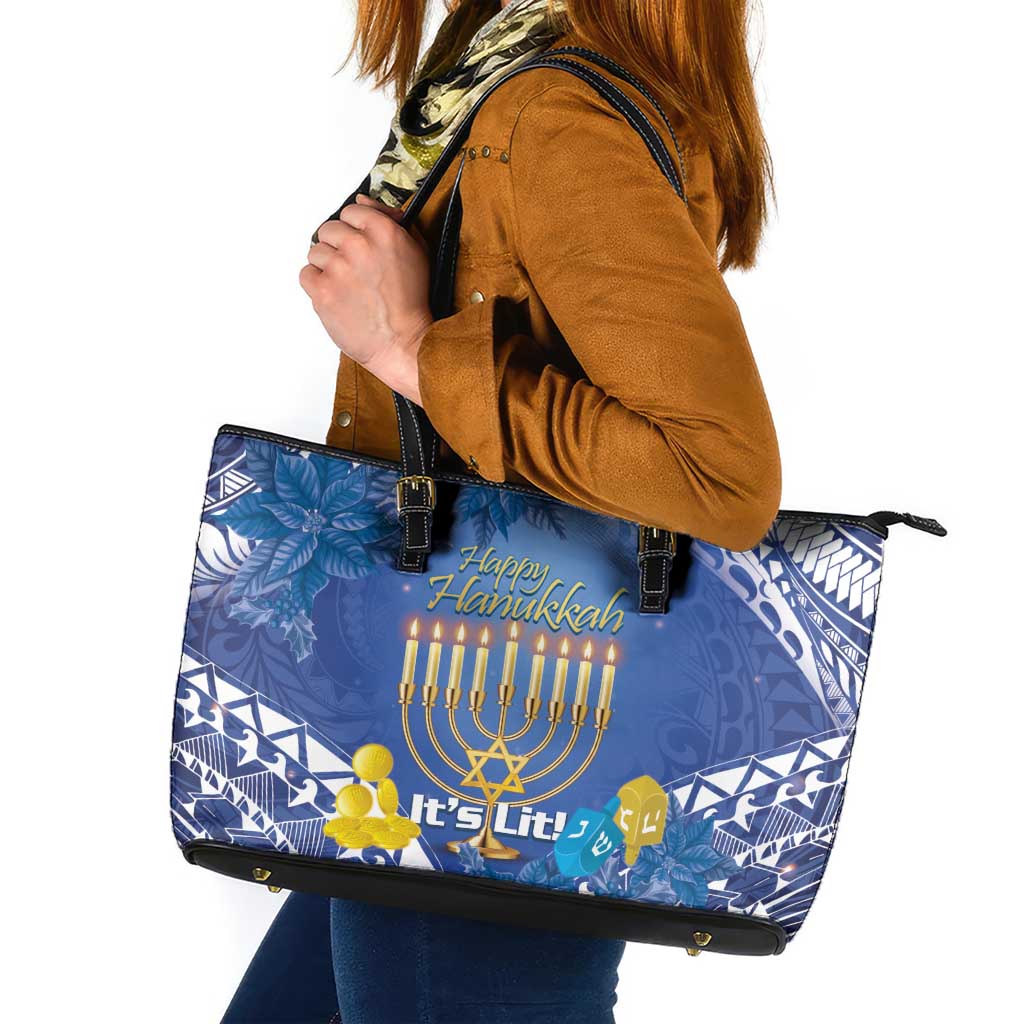 Hanukkah Jewish Festival Leather Tote Bag It's Lit - Polynesian Pattern LT14 Blue - Polynesian Pride