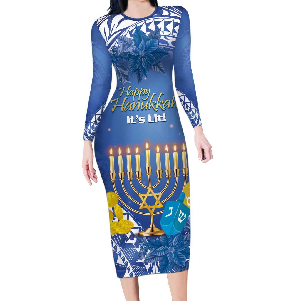 Personalised Hanukkah Jewish Festival Long Sleeve Bodycon Dress It's Lit - Polynesian Pattern