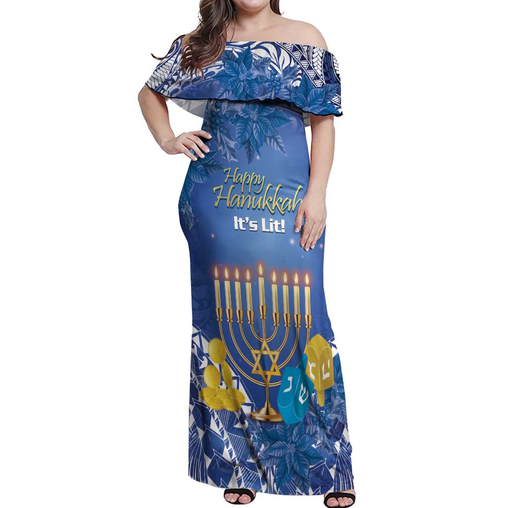 Personalised Hanukkah Jewish Festival Off Shoulder Maxi Dress It's Lit - Polynesian Pattern LT14 Women Blue - Polynesian Pride
