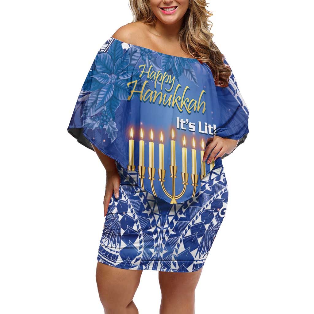 Personalised Hanukkah Jewish Festival Off Shoulder Short Dress It's Lit - Polynesian Pattern LT14 Women Blue - Polynesian Pride