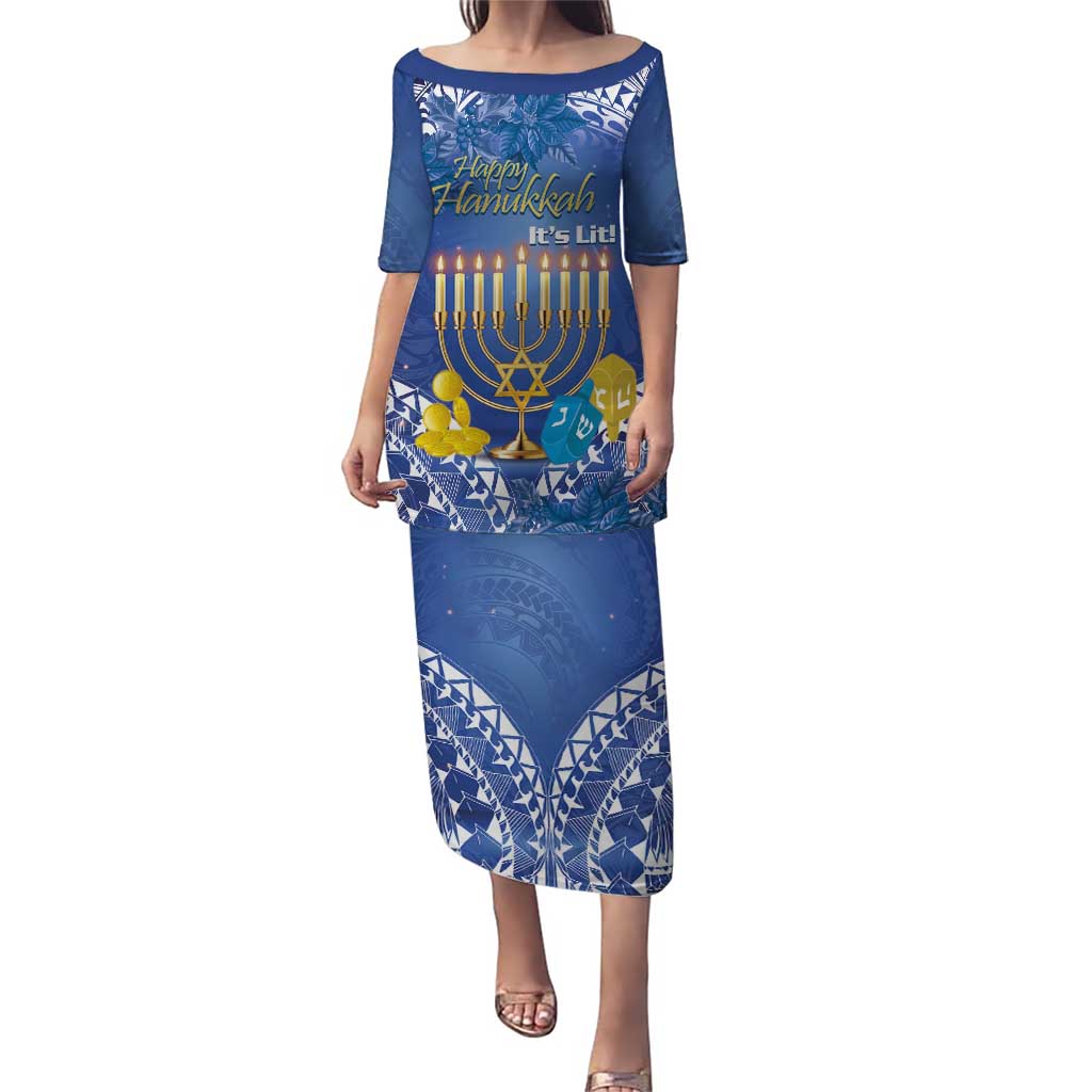 Personalised Hanukkah Jewish Festival Puletasi It's Lit - Polynesian Pattern LT14 Long Dress Blue - Polynesian Pride