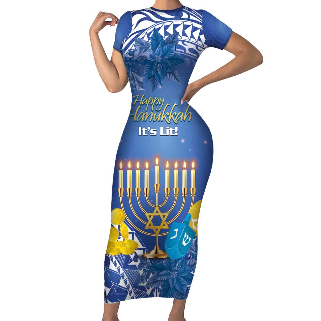 Personalised Hanukkah Jewish Festival Short Sleeve Bodycon Dress It's Lit - Polynesian Pattern