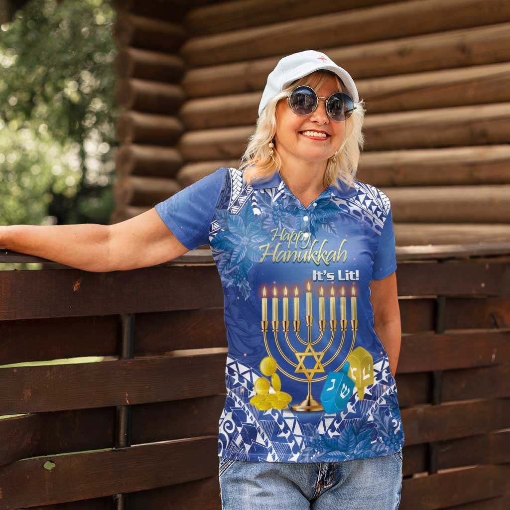 Personalised Hanukkah Jewish Festival Women Polo Shirt It's Lit - Polynesian Pattern