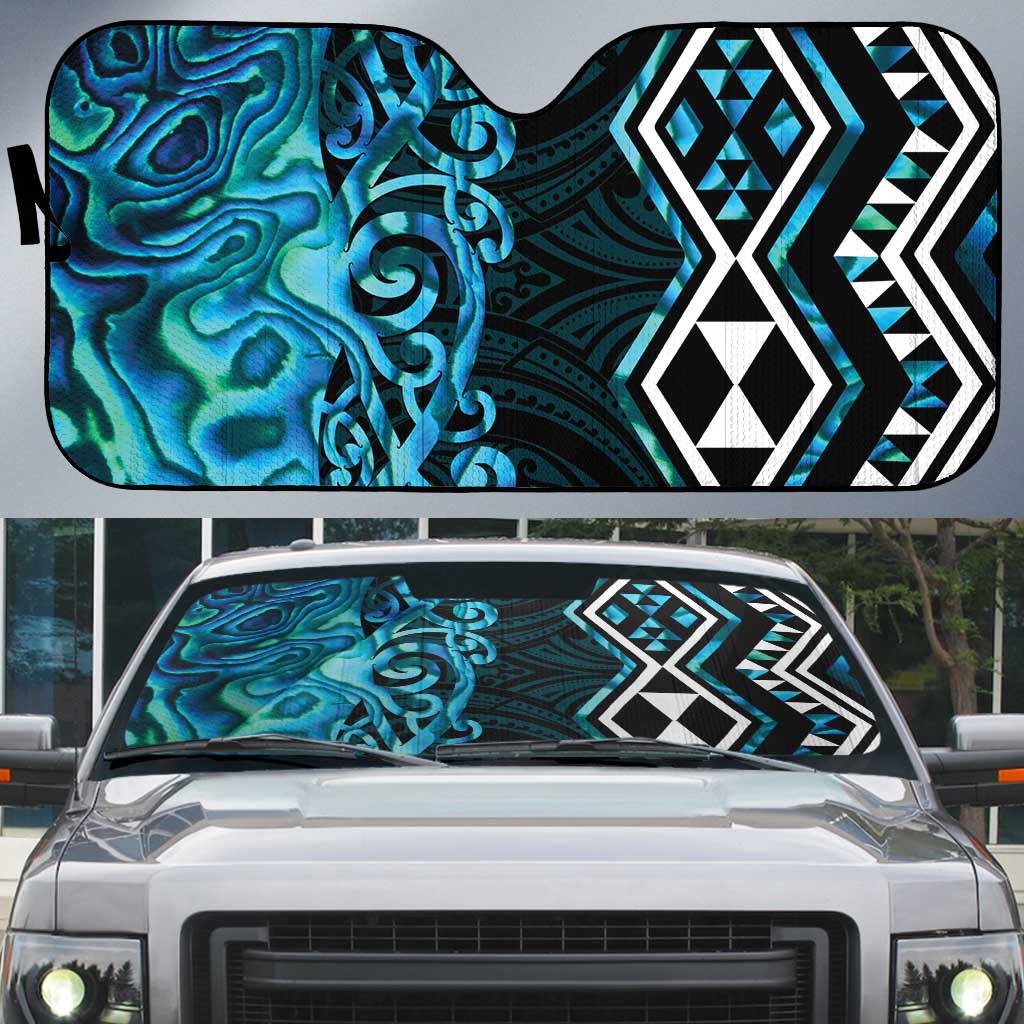 Turquoise Aotearoa Auto Sun Shade Taniko Motifs With Paua Shell Kowhaiwhai - Polynesian Pride