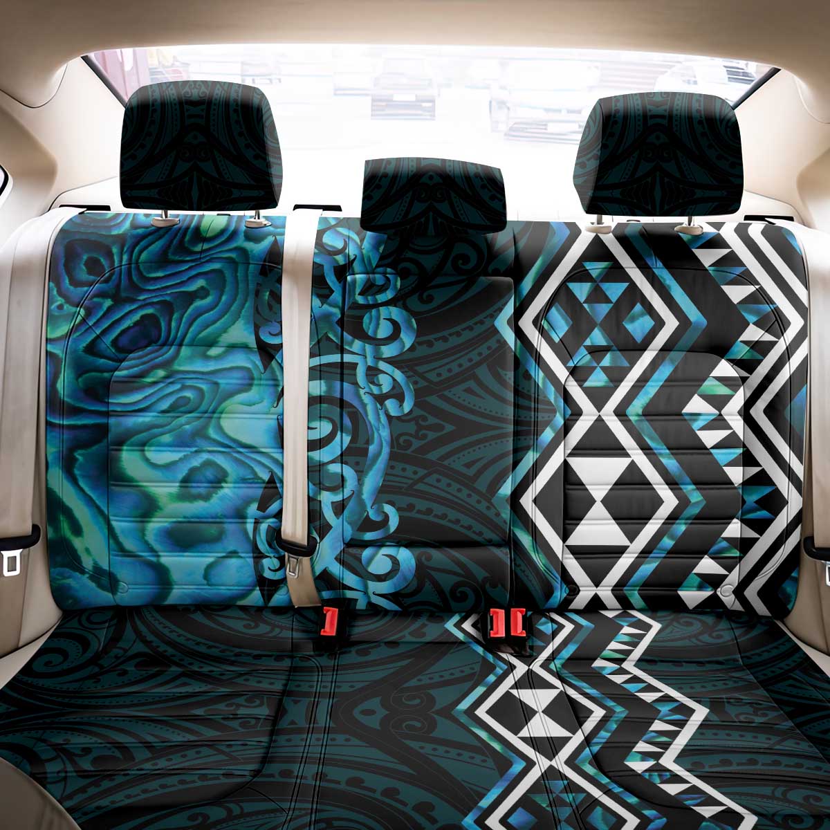 Turquoise Aotearoa Back Car Seat Cover Taniko Motifs With Paua Shell Kowhaiwhai