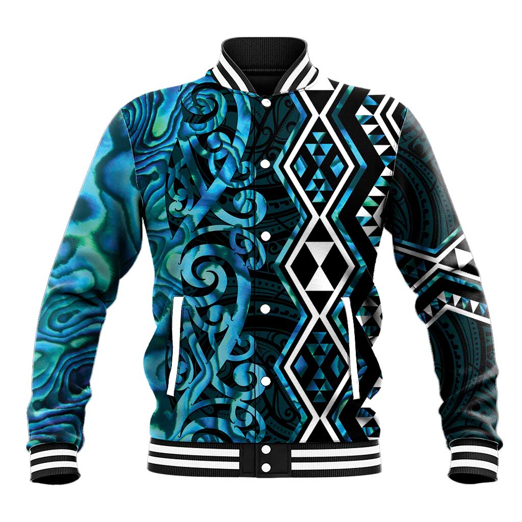Turquoise Aotearoa Baseball Jacket Taniko Motifs With Paua Shell Kowhaiwhai LT14 Unisex Turquoise - Polynesian Pride