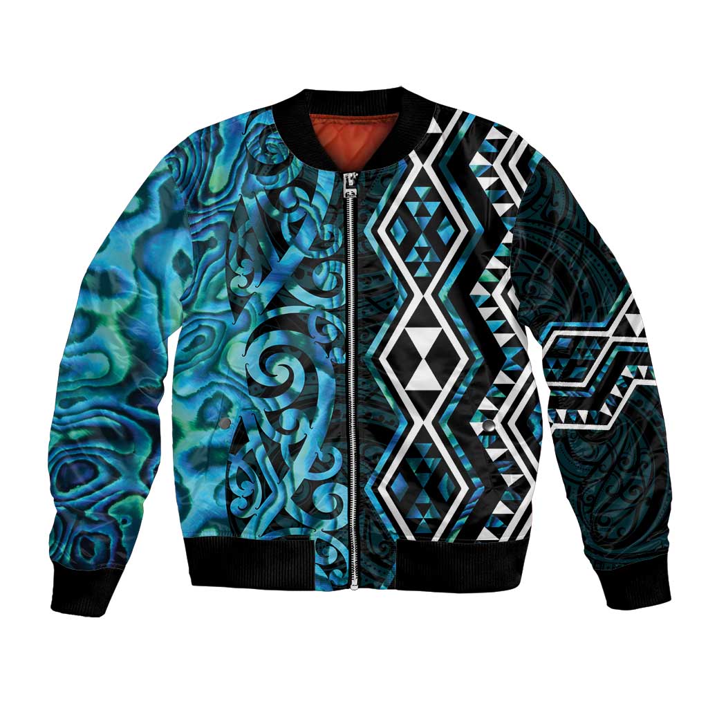 Turquoise Aotearoa Bomber Jacket Taniko Motifs With Paua Shell Kowhaiwhai