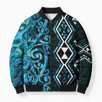 Turquoise Aotearoa Bomber Puffer Jacket Taniko Motifs With Paua Shell Kowhaiwhai - Polynesian Pride