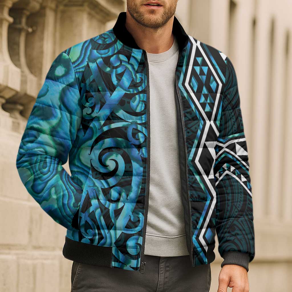 Turquoise Aotearoa Bomber Puffer Jacket Taniko Motifs With Paua Shell Kowhaiwhai - Polynesian Pride