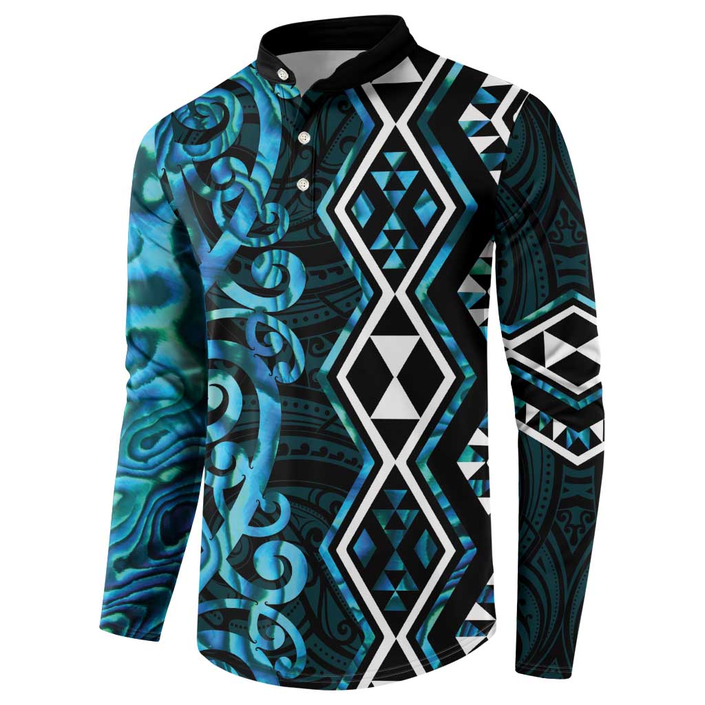 Turquoise Aotearoa Button Sweatshirt Taniko Motifs With Paua Shell Kowhaiwhai LT14 - Polynesian Pride