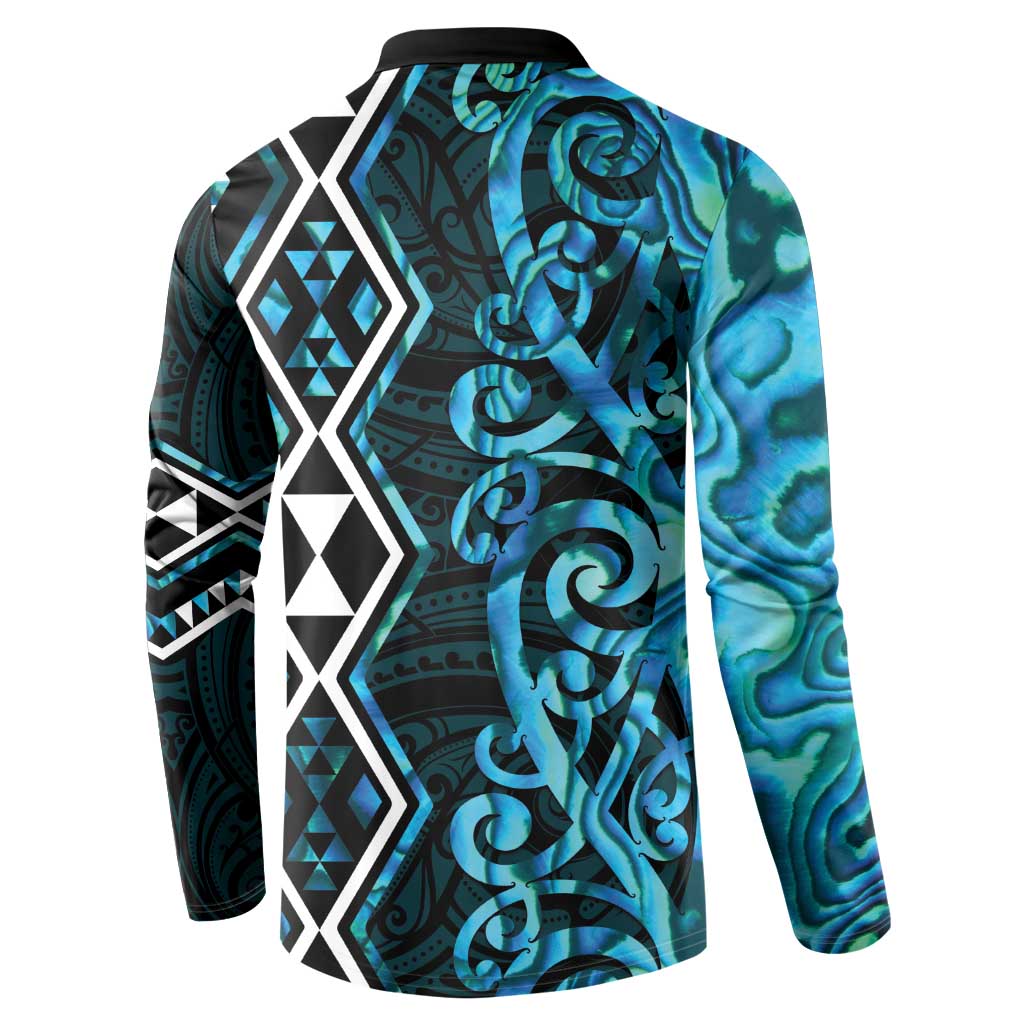 Turquoise Aotearoa Button Sweatshirt Taniko Motifs With Paua Shell Kowhaiwhai LT14 - Polynesian Pride
