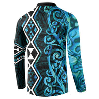 Turquoise Aotearoa Button Sweatshirt Taniko Motifs With Paua Shell Kowhaiwhai LT14 - Polynesian Pride