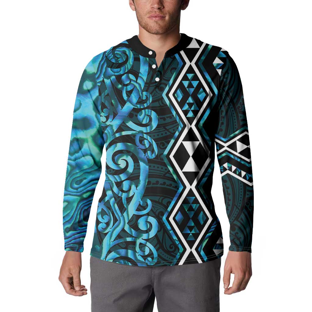 Turquoise Aotearoa Button Sweatshirt Taniko Motifs With Paua Shell Kowhaiwhai LT14 - Polynesian Pride