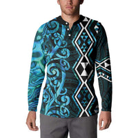 Turquoise Aotearoa Button Sweatshirt Taniko Motifs With Paua Shell Kowhaiwhai LT14 - Polynesian Pride