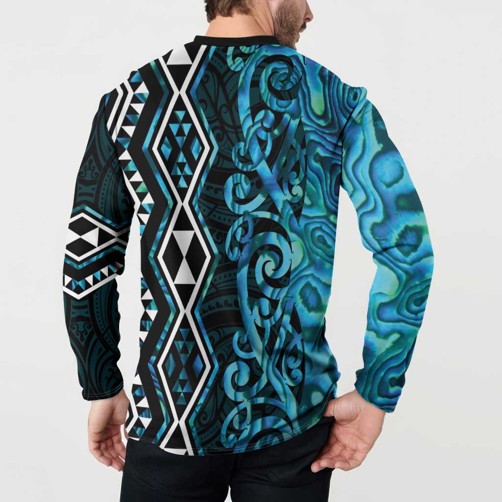 Turquoise Aotearoa Button Sweatshirt Taniko Motifs With Paua Shell Kowhaiwhai LT14 - Polynesian Pride