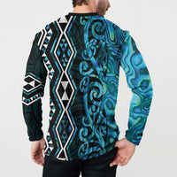 Turquoise Aotearoa Button Sweatshirt Taniko Motifs With Paua Shell Kowhaiwhai LT14 - Polynesian Pride